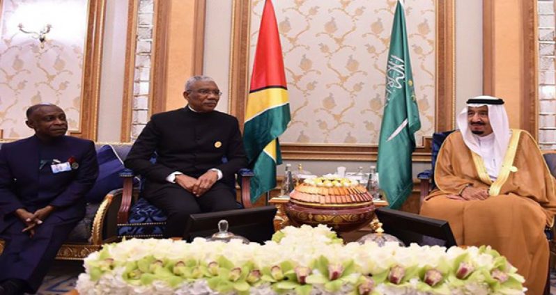 His Excellency, President of the Cooperative Republic of Guyana, Brigadier David A. Granger with His Highness, King of Saudi Arabia Salman bin Abdulaziz Al Saud at the Fourth Summit of the Arab and South American Countries (ASPA). Also in photograph is Guyana's Foreign Minister, Hon. Carl Greenidge