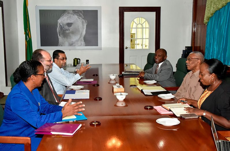 CARICOM's delegation (left): Executive Director, Human Resource Management at the CARICOM Secretariat, Ms. Charmaine Atkinson-Jordan; CARICOM Secretary-General, Ambassador Irwin LaRocque and Advisor to the Secretary-General, Mr. Neville Bissember. On the right is  Head of the CARICOM Unit in the Ministry of Foreign Affairs, Ms. Charlene Phoenix, President David Granger and Minister of Foreign Affairs, Mr. Carl Greenidge