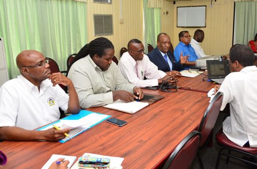 Minister of State, Mr. Joseph Harmon,chairing the meeting held earlier today at the Ministry of the Presidency.