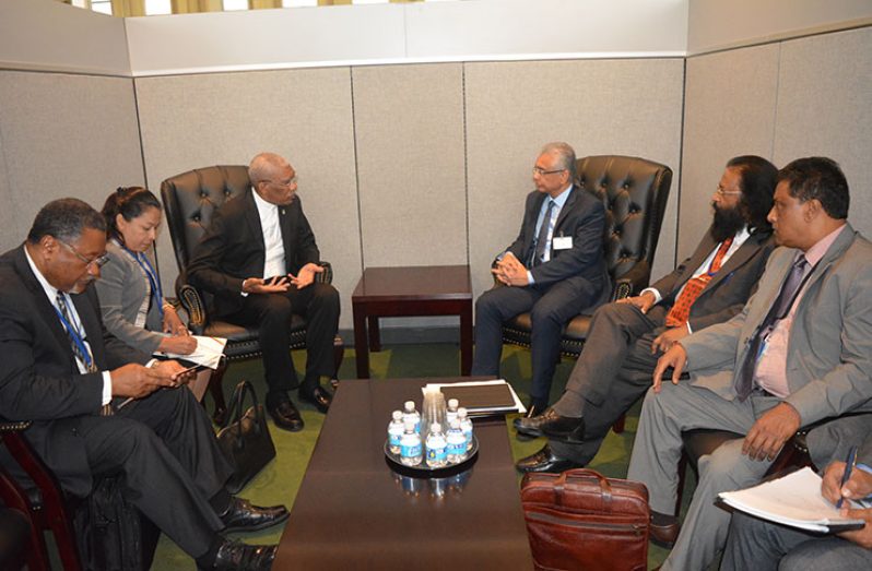 President David Granger and his delegation meeting with Prime Minister of Mauritius, Pravind Kumar Jugnauth and his team at  UN Headquarters, New York on Tuesday