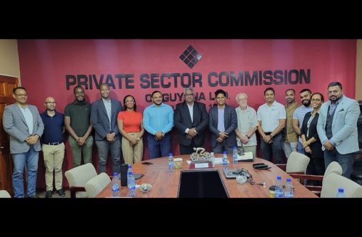 Minister of Natural Resources Vickram Bharrat, his team and members of the Private Sector Commission following Friday’s meeting (PSC photo)