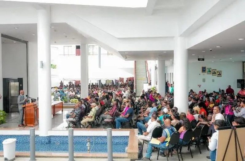 Dr. Jagdeo addresses the small contractors during a meeting at the Arthur Chung Conference Centre