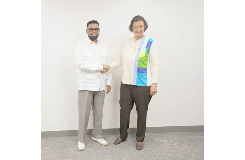 President Dr. Mohamed Irfaan Ali on Thursday met with President of Suriname, Dr. Jennifer Geerlings-Simons on the sidelines of the 50th Regular Meeting of the Conference of Caricom Heads of Government in St Kitts and Nevis. The discussions focused on continuing the strong partnership between both countries on energy and food security and cooperation towards regional connectivity (Office of the President photos)