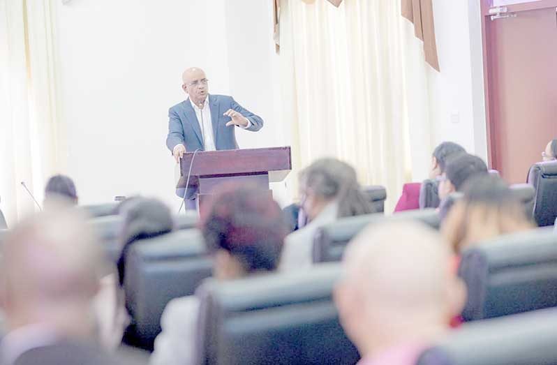 Vice-President Dr Bharrat Jagdeo on Monday engaged a number of ministers, as well as all Permanent Secretaries, Regional Executive Officers, accounting officers of key semi-autonomous agencies, and other officials at the Arthur Chung Conference Centre (OP photos)