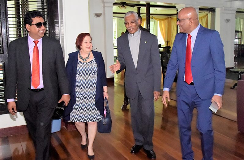 President David Granger flanked by Opposition Leader, Bharrat Jagdeo and PPP executives, Gail Teixeira and Anil Nandlall at State House on Thursday (MoTP photo)
