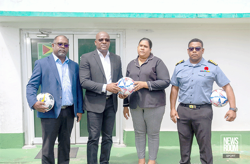 Franklin Wilson (second left) and some members of his slate after presenting his list of candidates at the GFF office. From right are Vernon Burnett, Althea Scipio and Ramesh Persaud (Photo: News Room/Avenash Ramzan)