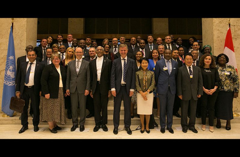 President David Granger poses with other officials at the at the High-level Side Event of the 1st Conference of parties to the Minamata Convention on Mercury in Geneva, Switzerland