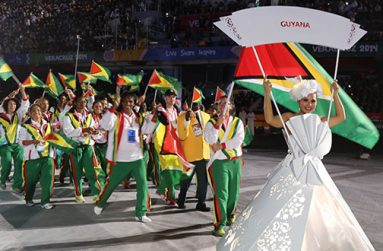The Guyana contingent during the opening ceremony of the Central American and Caribbean Games in Vera Cruz, Mexico yesterday.