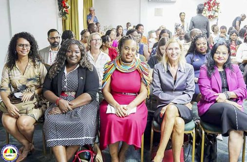 (From right) Minister of Human Services and Social Security, Dr. Vindhya Persaud, US Ambassador Nicole Theriot and Country Director, Tiffany Daniels, seated with other officials (MHSSS photo)