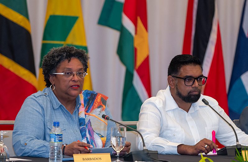 Barbados Prime Minister, Mia Mottley and CARICOM’s Chairman and Guyana’s President, Dr. Irfaan Ali during Wednesday’s closing press conference (Delano Williams)