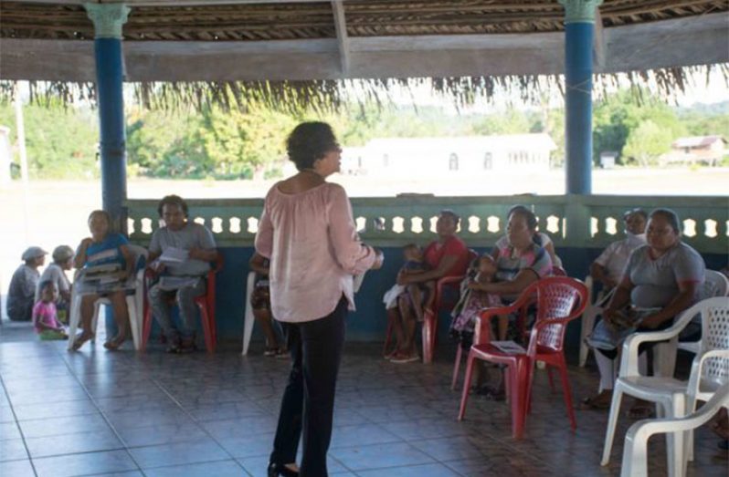 Minister within the Ministry of Indigenous Peoples’ Affairs, Hon. Valerie Garrido-Lowe addresses the villagers of Micobie