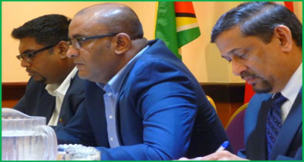 Minister of Tourism Industry & commerce Irfaan Ali (left), Dr Bharrat Jagdeo and Mr Mani Singh in Toronto, Canada last week