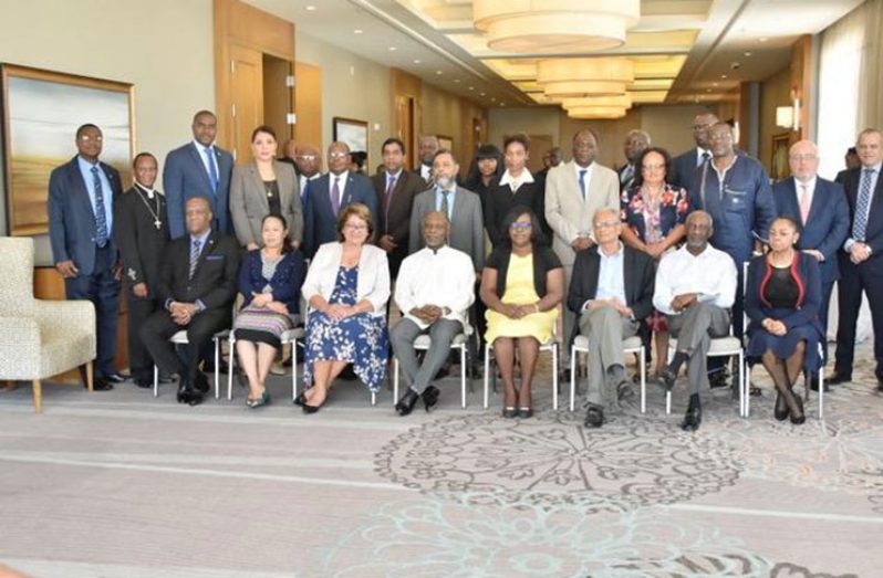 Seated left to right: Ministers of State and Public Affairs Mr. Joseph Harmon and Mrs. Dawn Hastings-Williams; Director of the Governance and Peace Directorate within the Commonwealth Secretariat, Katalaina Sapolu; Minister of Foreign Affairs, Carl Greenidge; Ministers within the Ministries of Public Health and Social Protection, Dr. Karen Cummings and Keith Scott; and Minister of the Public Service, Dr. Rupert Roopnaraine join other ministers and officials of the Commonwealth at the CAPAM Ministers’ Forum being held at the Marriott Hotel, Georgetown.