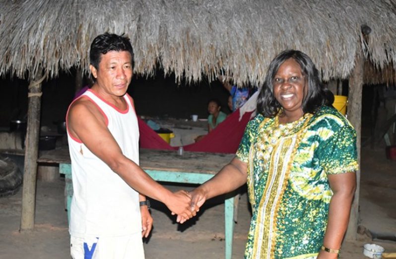 Minister of Foreign Affairs Dr. Karen Cummings is greeted by Tosaho of Yurong Paru, Rovain Francis (DPI photo)