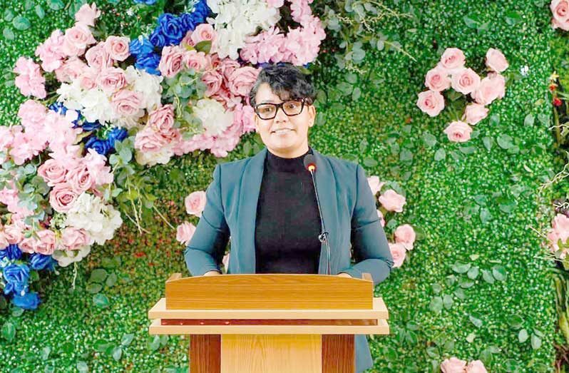 Tourism Minister Susan Rodrigues speaking at the official opening of Aagman Restaurant’s second location at Vreed-en-Hoop on Saturday