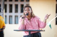 Minister of Education, Priya Manickchand, delivers remarks at the launch of the National Mathematics Intervention Awareness Campaign at the St. Ignatius Secondary School in Region Nine (MoE photo)