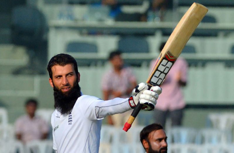 Moeen Ali reaches his second century of the series on the first day in Chennai.