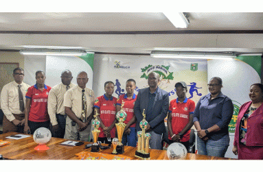 (From left) NAMILCO Finance Controller, Mr. Fitzroy McLeod; NAMILCO Managing Director, Mr. Bert Sukhai; GFF President, Mr. Wayne Forde and Marketing Supervisor, Ms. Alicia Anderson.