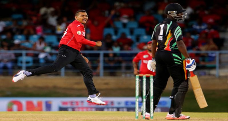 Sunil Narine celebrates the wicket of Raymon Reifer, Trinidad & Tobago v Guyana in the NAGICO Super50 final at Queen’s Park Oval, last Sunday. (Photo by WICB Media/Ashley Allen)