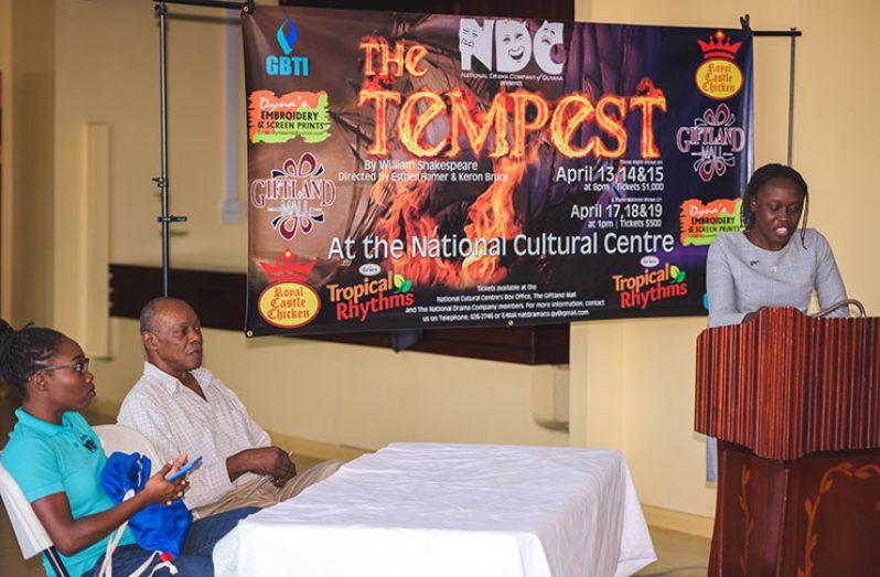 (From Left) Co-Director of The Tempest, Esther Hamer; Creative Director of the NDC, Al Creighton and NDC President, Tashandra Inniss at the press conference.