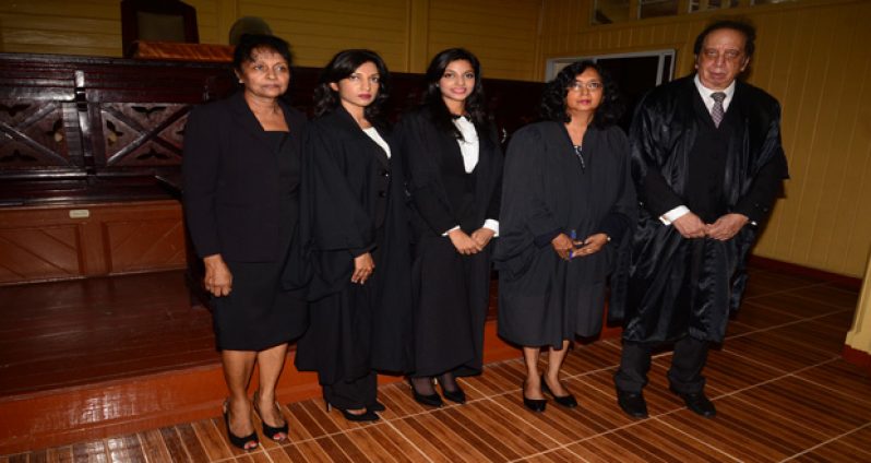 (From l-r) Mother and sister of the new lawyer Fazie Singh and Attorney-at-Law Ravina Singh, new attorney Nirvana Singh, Justice Diana Insanally and Senior Counsel Edward Luckhoo