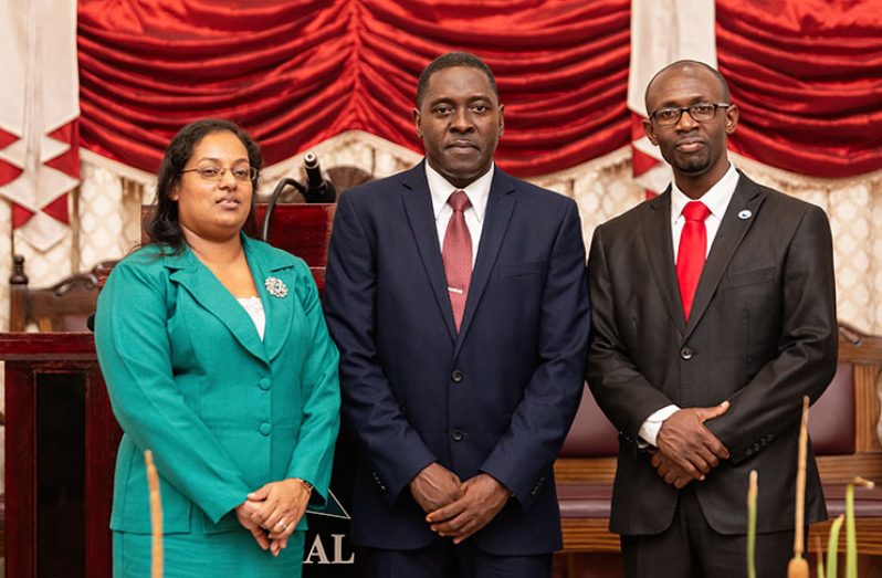 From left-right: New Treasurer of the Guyana Conference of Seventh-Day Adventists, Rovena Harrinaugth; President, Exton Clarke; and Executive Secretary, Pastor Jumoul Sancho