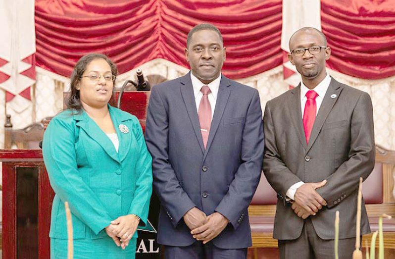 From left-right: New Treasurer of the Guyana Conference of Seventh-Day Adventists, Rovena Harrinaugth; President-- Exton Clarke; and Executive Secretary, Pastor Jumoul Sancho