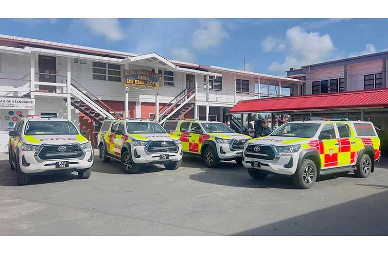 Some of the new mini-fire-fighting vehicles handed over to the Region Six Democratic Council