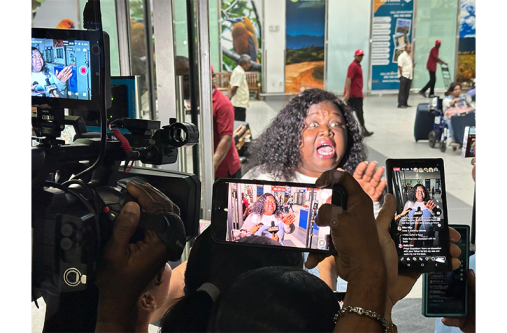 Odessa Primus shortly after clearing immigration at the Cheddi Jagan International Airport on Friday night