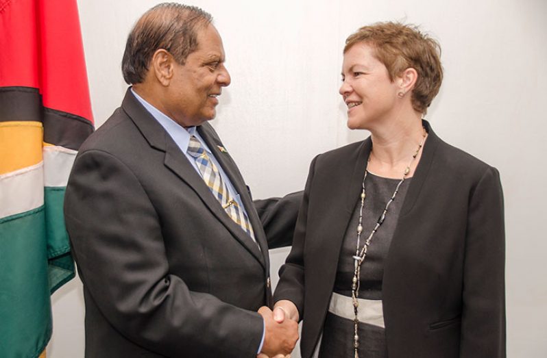 Prime Minister, Moses Nagamootoo and Colleen Wainwright, the Barbados-based Head of Office of Department for International Development (DFID)