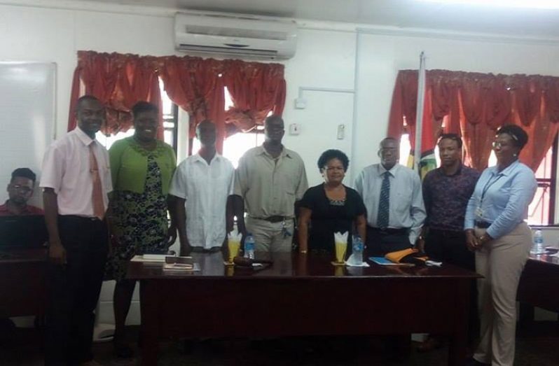 Newly-sworn in chairman, Merna Adrian and vice-chairman, Kelvin Daly (centre) with regional authorities. From left: Regional Executive Officer, Gavin Clarke, Deputy Director for Community Development Council, Sandra Adams, Regional Vice-Chairman, Elroy Adolph. At right: Deputy REO, Maylene Charter, Member of Parliament, Jermaine Figueira and Regional Chairman, Renis Morian