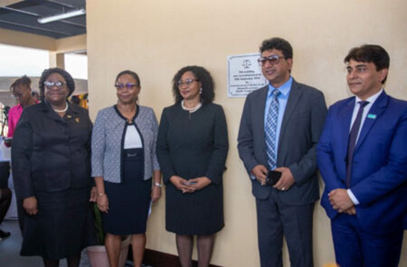 Left to right: Chief Magistrate Ann McLennan; Chief Justice (ag) Roxane George; Chancellor of the Judiciary (ag), Justice Yonette Cummings-Edwards; Attorney-General and Minister of Legal Affairs, Anil Nandlall, SC, and Country Representative (ag) for the United Nations Children’s Fund (UNICEF) Guyana and Suriname, Irfan Akhtar at the recommissioning of the court