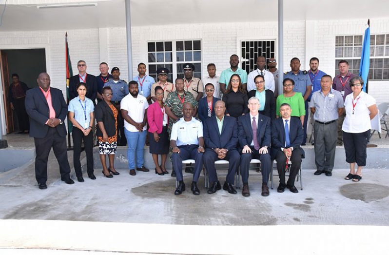 From Left to right: Acting Director-General, Lieutenant Colonel Kester Craig; Minister of State, Mr. Joseph Harmon; Country Manager of Esso Exploration and Production Guyana Limited, Mr. Rod Henson; and Deputy Director of the Petroleum Division MNR, Mr. Nicholas Chuck-A-Sang with participants of the CDC’s Incident Command System Workshop