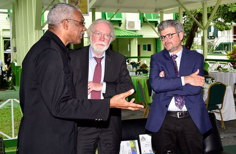 President David Granger engages two top oil and gas experts, from left, Professor Sir Paul Collier and Professor Matt Andrews during
a ministerial caucus on natural resource management at State House on Wednesday (Ministry of the Presidency photo)