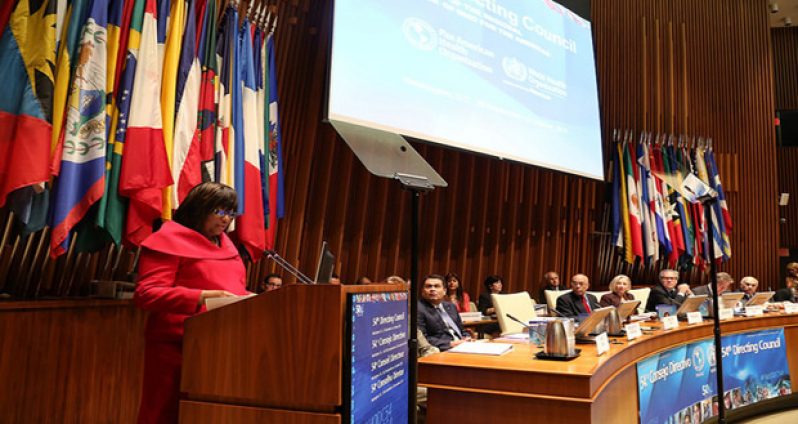 PAHO Director, Dr Carissa Etienne addressing the 54th Directive Council on Monday (PAHO/WHO photo)