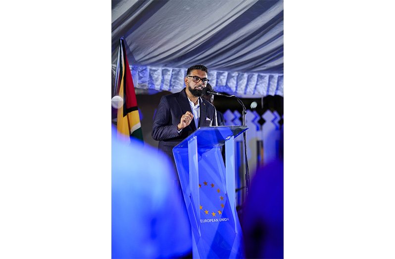 President Dr. Irfaan Ali delivers remarks at a
Europe Day celebratory event on Friday evening