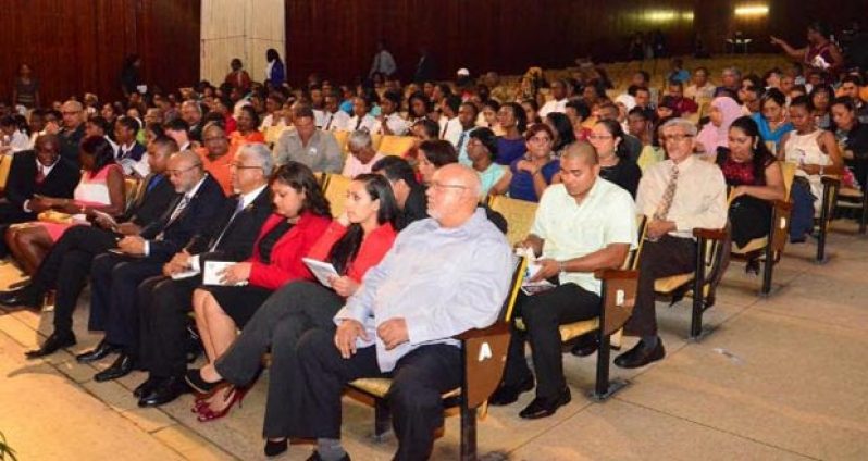 President Donald Ramotar with Minister of Education Priya Manickchand, executive members of CXC , parents, teachers and students at the opening of the 45th meeting of CXC and the presentation of awards for outstanding performances in the May/June 2013 examinations