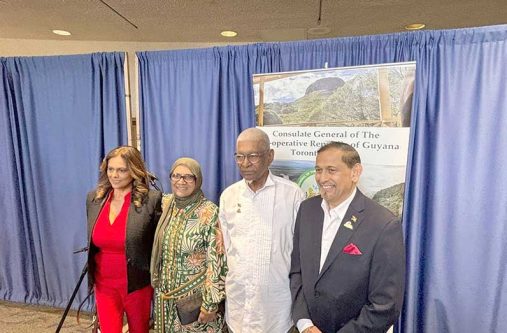 Honorary Consul Mani Singh, right, with the parents of His Excellency President Irfaan Ali and another guest