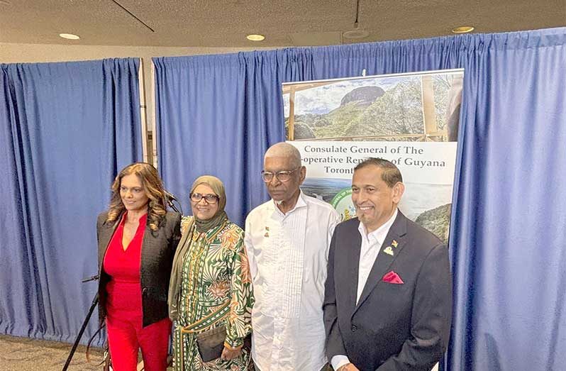 Honorary Consul Mani Singh, right, with the parents of His Excellency President Irfaan Ali and another guest
