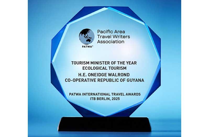 The PATWA awards given to Destination Guyana and Minister of Tourism Industry and Commerce, Oneidge Walrond (GTA photos)