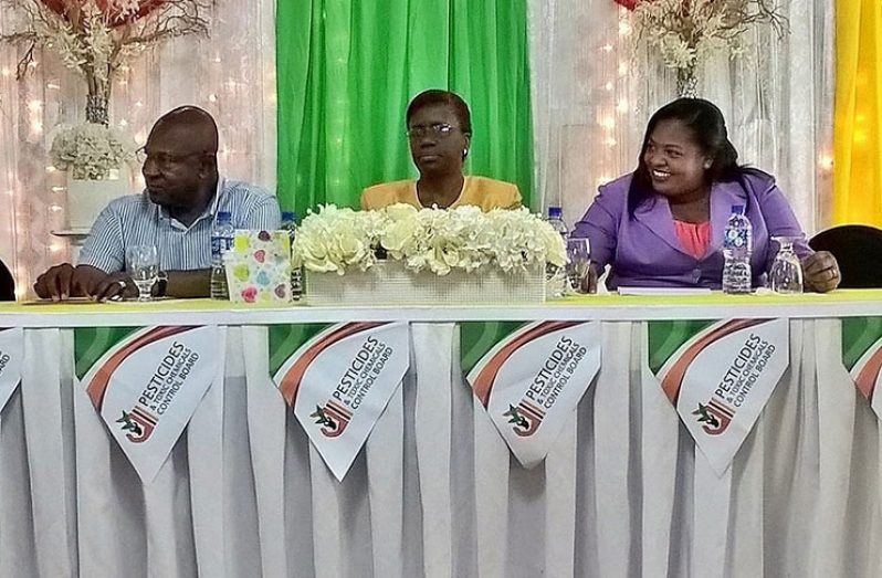 From left are: Chairman of PTCCB Leslie Munroe, Permanent Secretary in the Ministry of Agriculture Delma Nedd and Registrar of PTCCB, Trecia Garnath