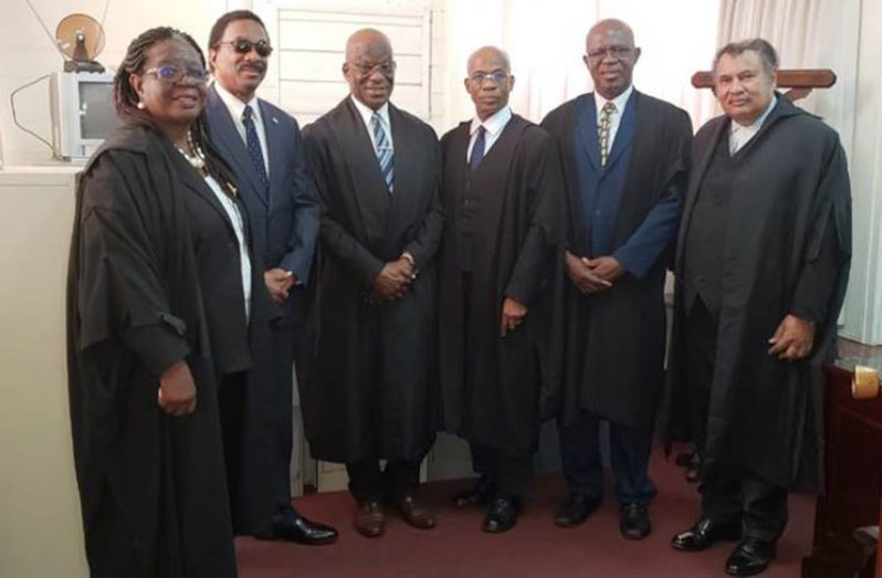 From left:  Senior Counsel, Rosalie Robertson; Attorney General, Basil Williams SC; Queen’s Counsel, Dr Francis Alexis; Justice Brassington Reynolds; Attorney Mayo Robertson and Queen’s Counsel, Kurt DE Freitas.