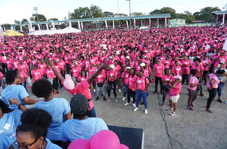 A section of the large crowd at D’Urban Park for GTT Pinktober walk (Carl Croker Photo)