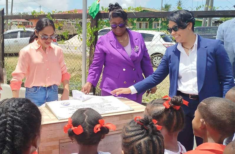 First Lady Mrs. Arya Ali, alongside Headteacher of the May 26 Nursery Complex, Shawndelle Glasgow, and Minister within the Ministry of Housing and Water, Susan Rodrigues, during the commissioning