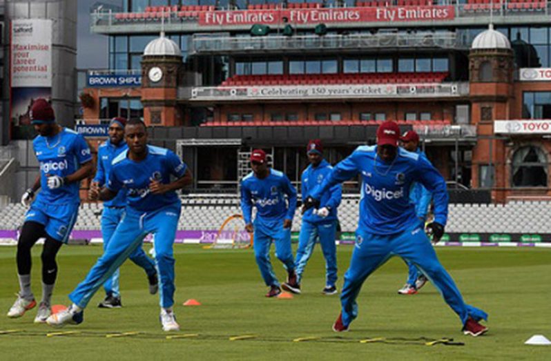 Windies go through their paces in final preparation yesterday for the opening ODI against England at Old Trafford. (Photo courtesy CWI Media)