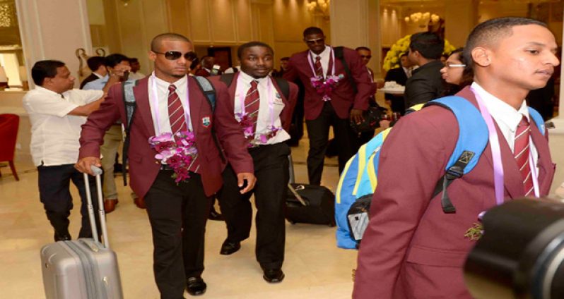 West Indies players are greeted as the team arrive in Sri Lanka for their upcoming series on Thursday. October 1, 2015. (WICB Media photo)