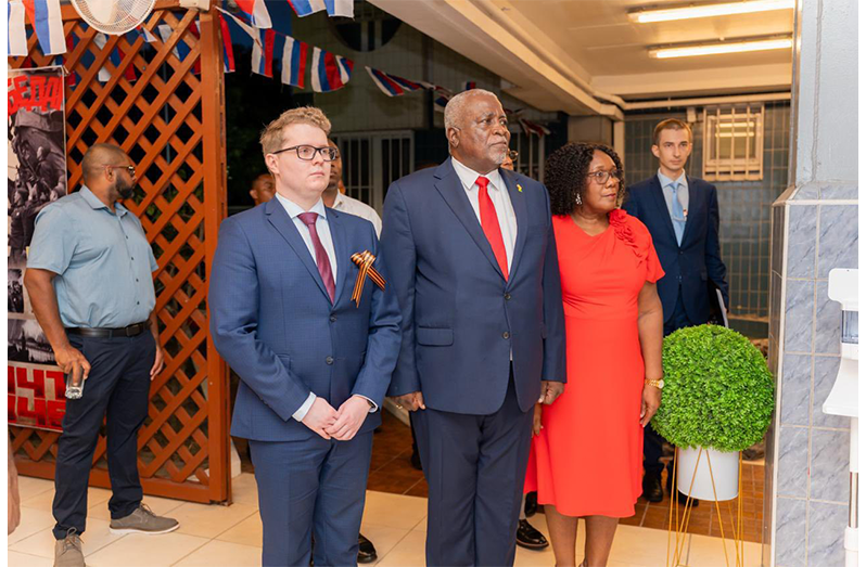 Prime Minister, Brigadier (Ret’d) Mark Phillips, performing the functions of President and Acting Minister of Foreign Affairs and International Co-operation, Dr Frank Anthony, on Friday evening attended a reception hosted by the Ambassador of the Russian Federation to Guyana, HE Andrey A. Pritsepov to commemorate the 81st Victory Day Anniversary of the Second World War (OPM photos)