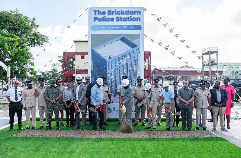 President, Dr. Irfaan Ali, joined by members of Guyana’s Joint Services and the Ministry of Home Affairs, turned the sod for the modern building to house the Brickdam Police station that was destroyed by fire back in 2021 (Delano Williams photos)