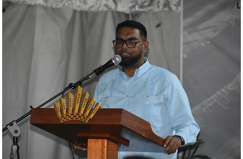 President, Dr Irfaan Ali delivering remarks at the gas-to-energy job fair on Thursday (Sachin Persaud photo)