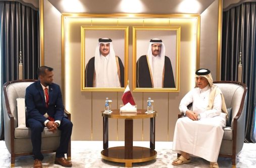 Guyana’s Ambassador to Qatar Safraaz Ahmad Shadood and Minister of State for Foreign Affairs Sultan bin Saad Al Muraikhi, following the handing over a personalised, signed copy of President Ali’s latest book